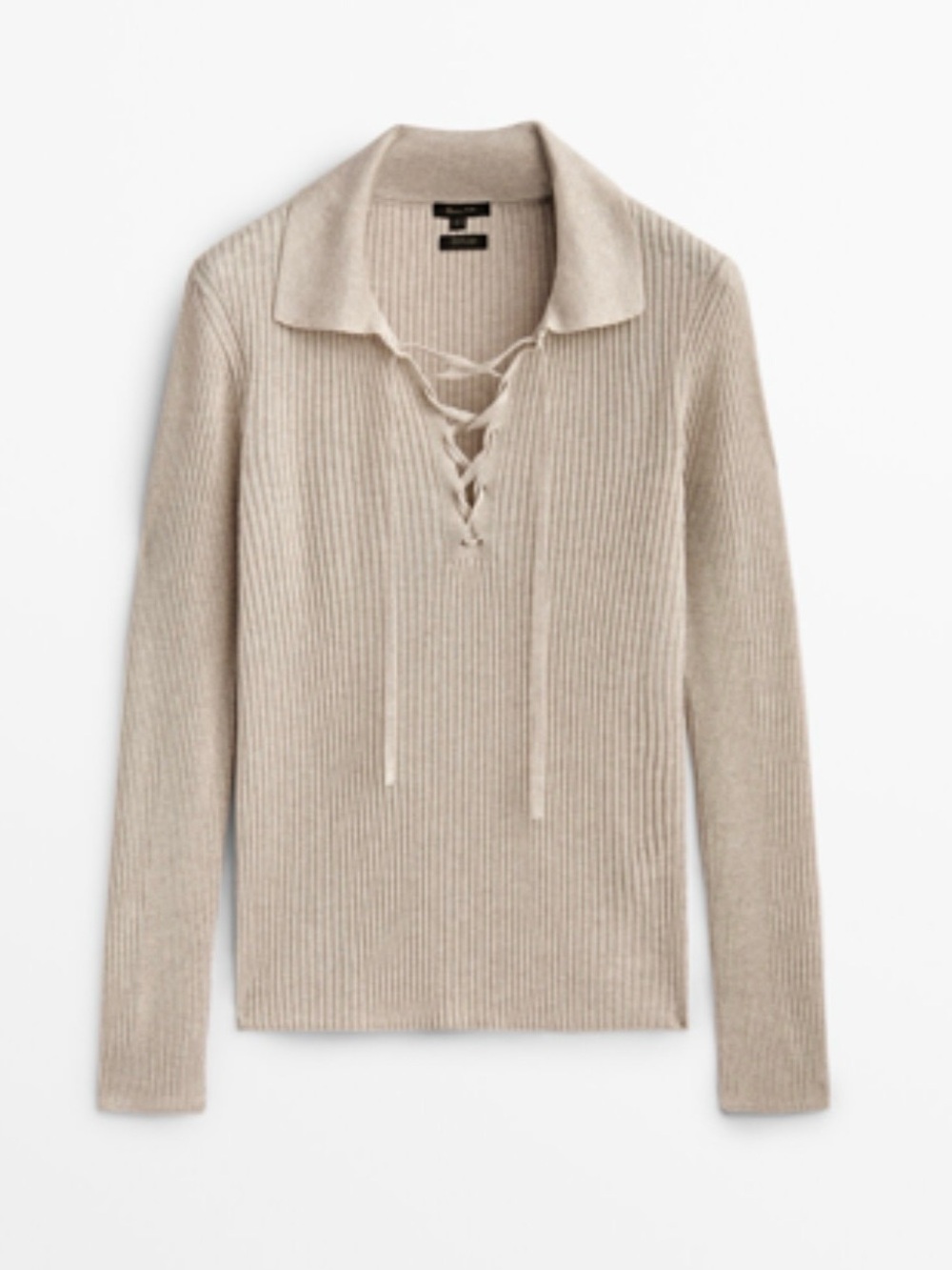 Massimo Dutti Ribbed Knit Lace Detail Sweater Beige S